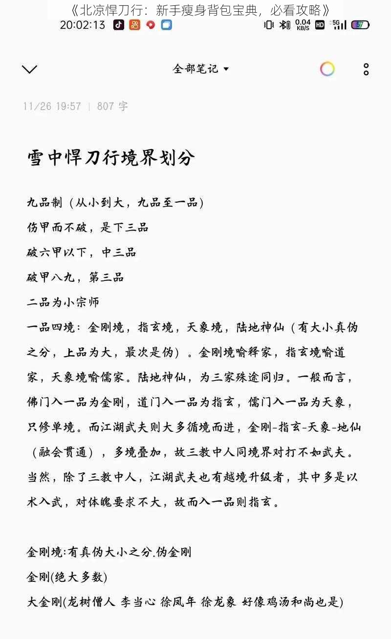 《北凉悍刀行：新手瘦身背包宝典，必看攻略》